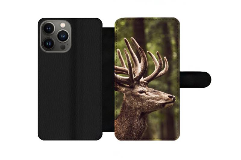 MuchoWow Handyhülle Geeignet für Apple iPhone 13 Pro Hirsch - Natur - Geweih - Wald - Tier, Klapphülle mit Kartenfach, Flip Cover Case, Klapptasche, Handyhülle von MuchoWow