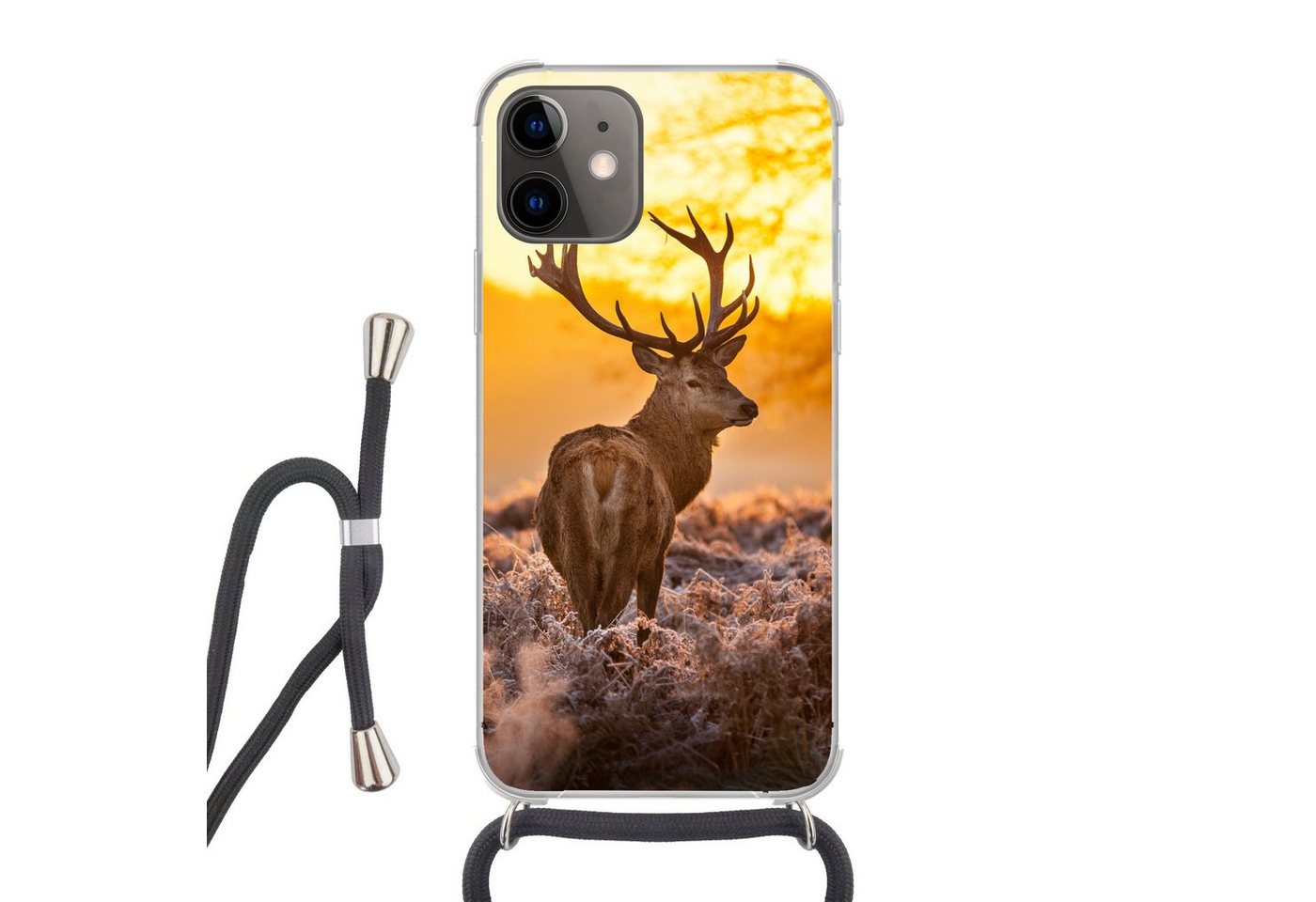 MuchoWow Handyhülle Hirsche - Tiere - Sonnenuntergang - Winter - Heidekraut - Natur, Handyhülle Telefonhülle Apple iPhone 12 von MuchoWow