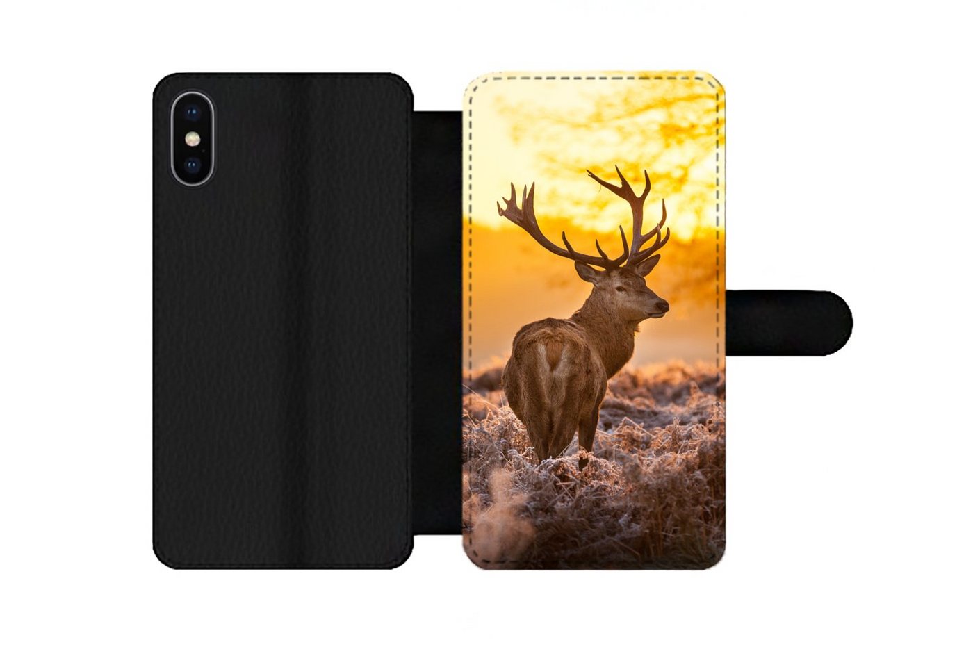 MuchoWow Handyhülle Hirsche - Tiere - Sonnenuntergang - Winter - Heidekraut - Natur, Handyhülle Telefonhülle Apple iPhone X/10 von MuchoWow