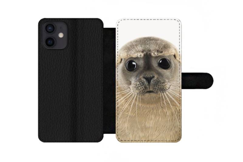 MuchoWow Handyhülle Geeignet für Apple iPhone 12 Mini Jungen - Robbe - Kinder - Mädchen -, Klapphülle mit Kartenfach, Flip Cover Case, Klapptasche, Handyhülle von MuchoWow