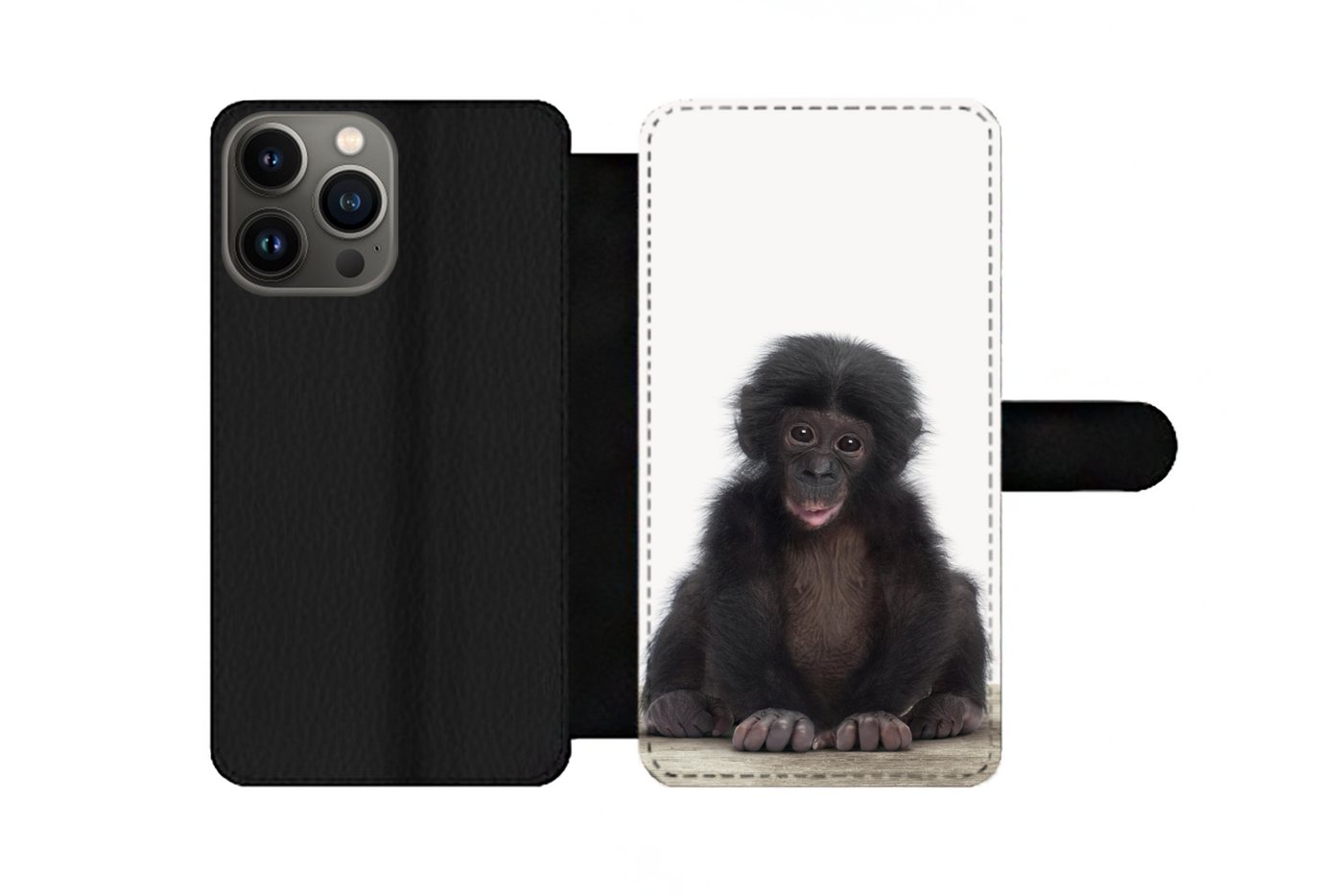 MuchoWow Handyhülle Geeignet für Apple iPhone 13 Pro Kind - Affe - Schimpanse - Babytiere, Klapphülle mit Kartenfach, Flip Cover Case, Klapptasche, Handyhülle MuchoWow Handyhülle Geeignet für Apple iPhone 13 Pro Kind - Affe - Schimpanse - Babytiere, Klapphülle mit Kartenfach, Flip Cover Case, Klapptasche, Handyhülle von MuchoWow