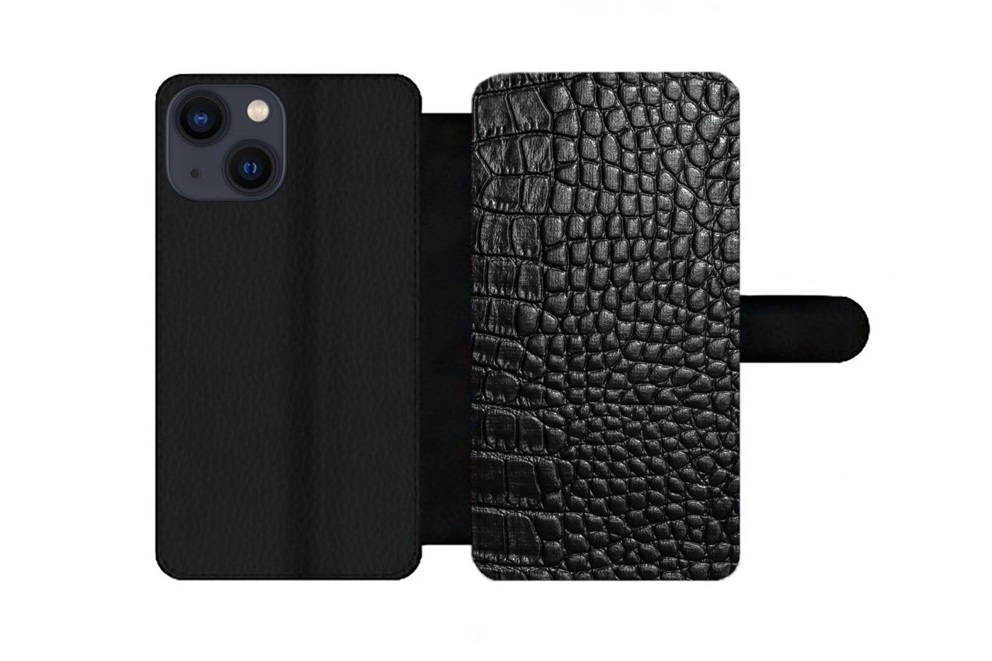 MuchoWow Handyhülle Leder - Strukturiert - Schwarz - Grau, Handyhülle Telefonhülle Apple iPhone 13 Mini von MuchoWow