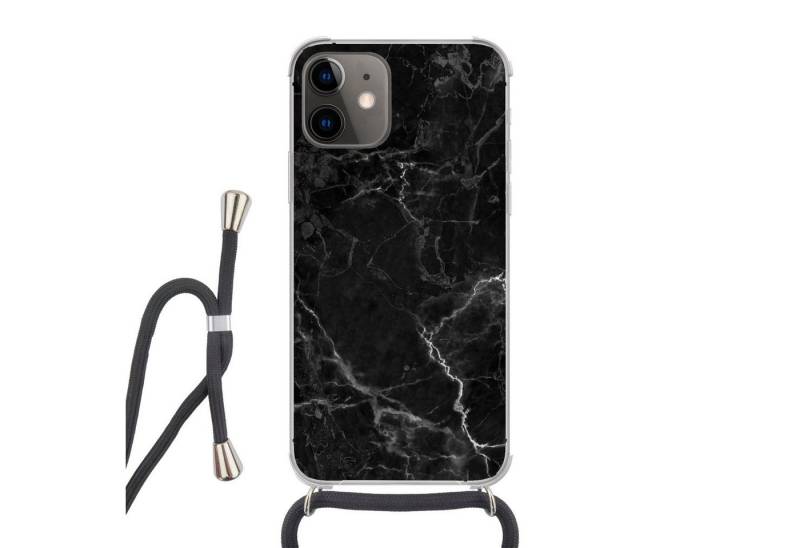 MuchoWow Handyhülle für Apple iPhone 12 Mini Marmor - Schwarz - Weiß - Textur - Marmoropti, Tragbare Handyhüllen mit Kette zum umhängen, Handykette Handyband von MuchoWow