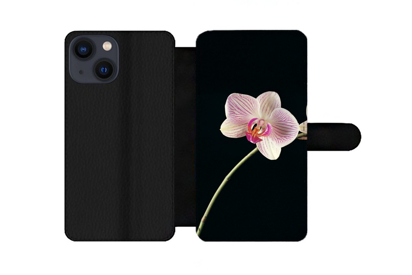 MuchoWow Handyhülle Orchidee - Blumen - Schwarz - Rosa - Knöpfe, Handyhülle Telefonhülle Apple iPhone 13 Mini von MuchoWow