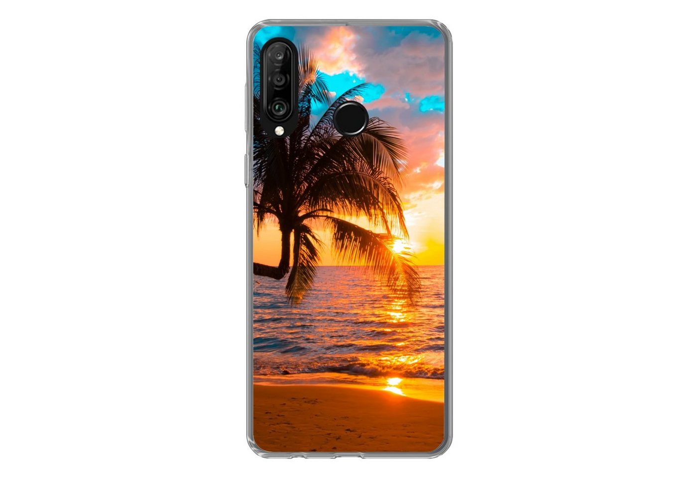 MuchoWow Handyhülle Palme - Sonnenuntergang - Horizont - Strand - Meer - Tropisch, Handyhülle Huawei P30 Lite, Handy Case, Silikon, Bumper Case von MuchoWow
