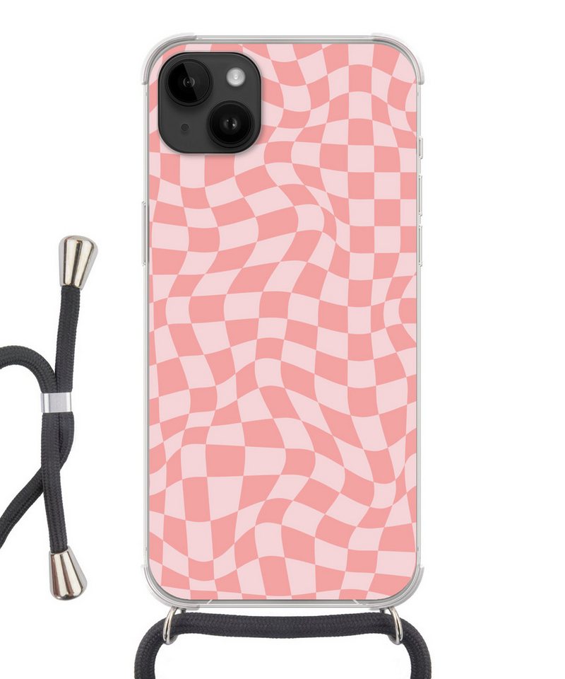 MuchoWow Handyhülle für Apple iPhone 14 Plus Quadratisches Muster - Rosa - Wellenlinien, Tragbare Handyhüllen mit Kette zum umhängen, Handykette Handyband von MuchoWow