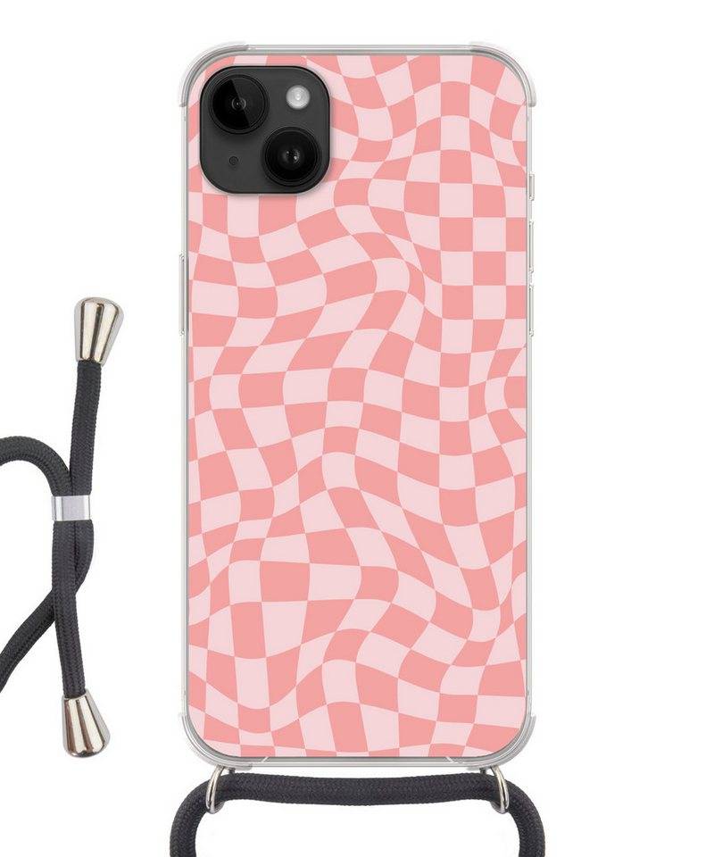 MuchoWow Handyhülle für Apple iPhone 14 Plus Quadratisches Muster - Rosa - Wellenlinien, Tragbare Handyhüllen mit Kette zum umhängen, Handykette Handyband von MuchoWow