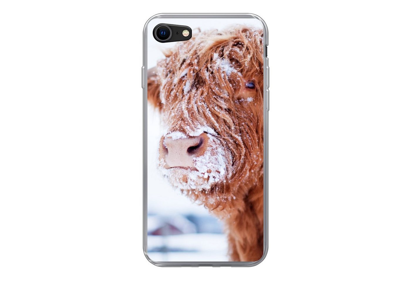 MuchoWow Handyhülle Schottischer Highlander - Schnee - Braun, Handyhülle Apple iPhone 8, Smartphone-Bumper, Print, Handy Schutzhülle von MuchoWow