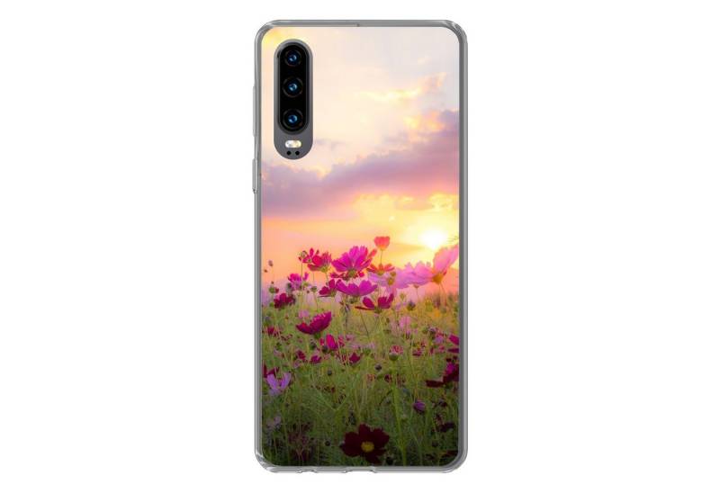 MuchoWow Handyhülle Sonnenuntergang - Blumen - Rosa - Natur - Grün, Handyhülle Huawei P30, Handy Case, Silikon, Bumper Case von MuchoWow