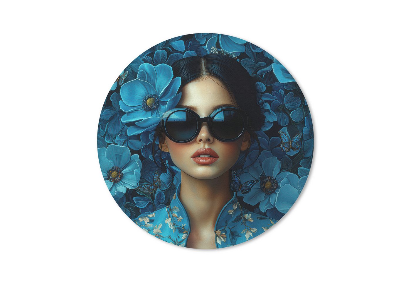 MuchoWow Mauspad Frau - Blumen - Blau - Ästhetik - Luxus (1-St), Büro für Tastatur und Maus, Mousepad Gaming, Rund 20x20 cm von MuchoWow