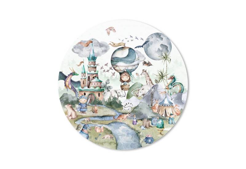 MuchoWow Mauspad Kinder - Heißluftballon - Drache - Jungen - Burg - Aquarell (1-St), Büro für Tastatur und Maus, Mousepad Gaming, Rund 20x20 cm von MuchoWow