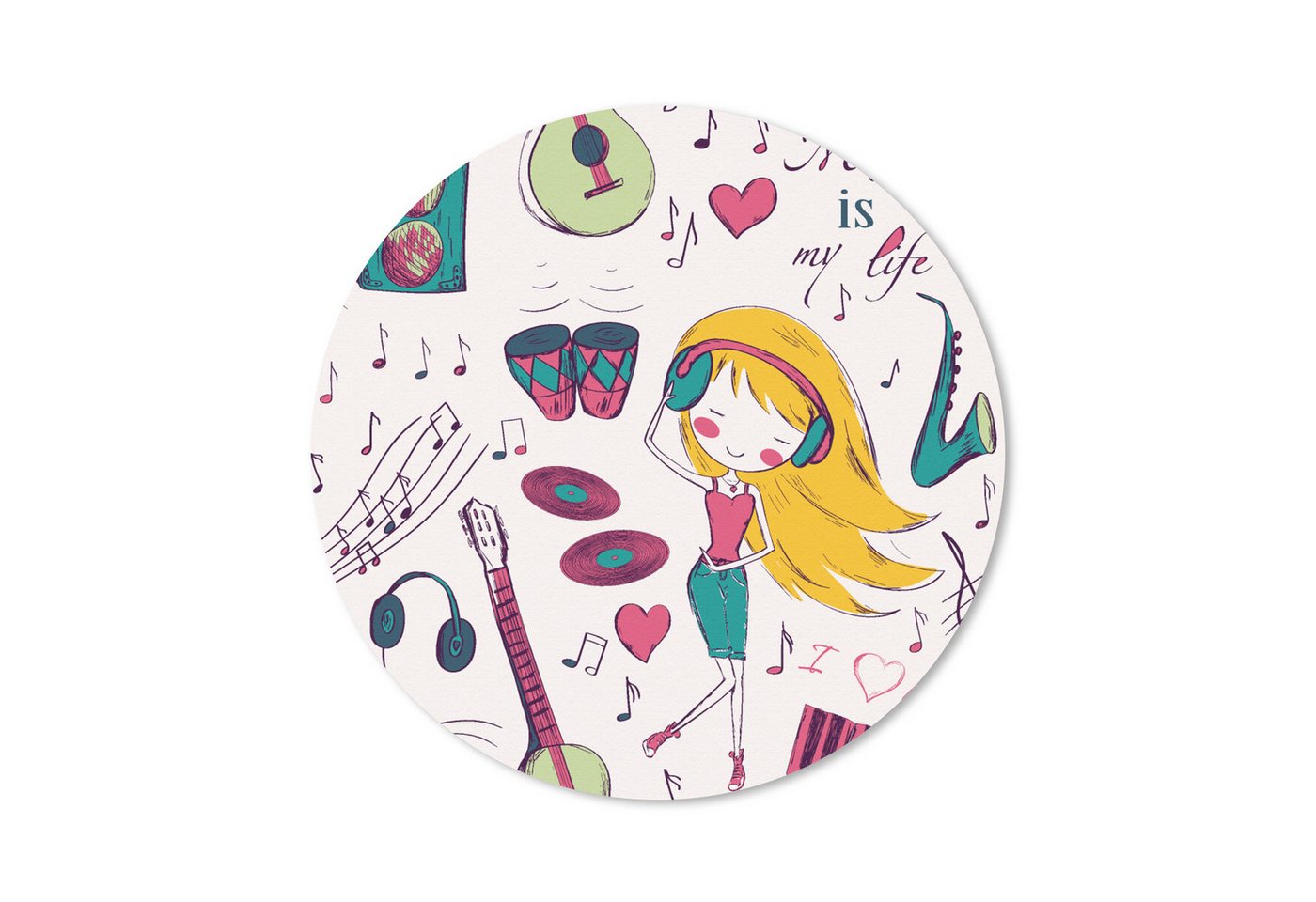 MuchoWow Mauspad Mädchen - Musik - Kopfhörer - Muster - Mädchen - Rosa - Kinder - Kind (1-St), Büro für Tastatur und Maus, Mousepad Gaming, Rund 20x20 cm von MuchoWow