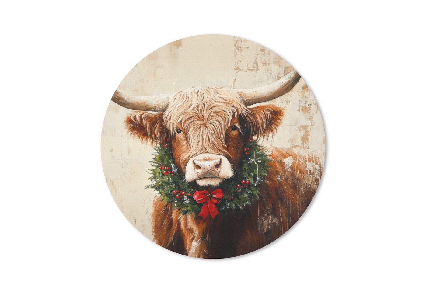 MuchoWow Mauspad Weihnachten - Schottischer Highlander - Braun - Kranz (1-St), Büro für Tastatur und Maus, Mousepad Gaming, Rund 20x20 cm von MuchoWow