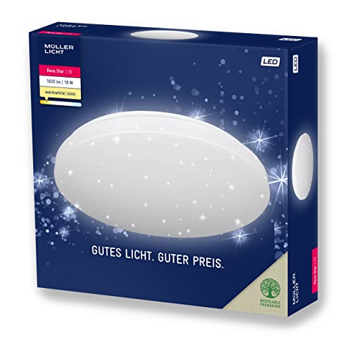 Müller-Licht LED Deckenlampe Wandlampe Reva Star Round Ø 30cm, 18 W, Sternenhimmel-Effekt, warmweiß (3000 K), 1800 lm, weiß von Müller-Licht