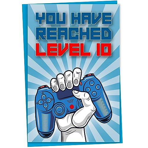 Geburtstagskarte zum 10. Geburtstag, You Have Reached Level 10, Grußkarte für zehn Jahre alte Gamer Jungen oder Mädchen, Geburtstagsgeschenk für Gaming Sohn oder Tochter, Enkelsohn Enkelin, Blau von Mug Monster