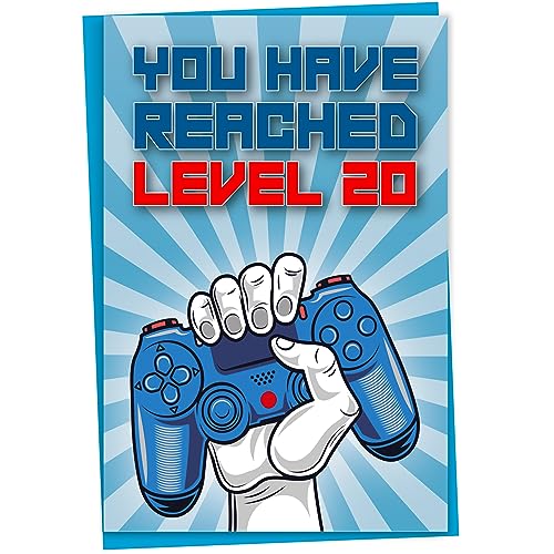 Geburtstagskarte zum 20. Geburtstag, You Have Reached Level 20, Grußkarte für zwanzigjährige Gamer Jungen oder Mädchen, Geburtstagsgeschenk für erwachsenen Sohn oder Tochter, Enkel, Enkelin, Blau von Mug Monster