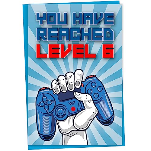 Geburtstagskarte zum 6. Geburtstag, You Have Reached Level 6, Grußkarte für sechs Jahre alte Gamer Jungen oder Mädchen, Geburtstagsgeschenk für Gaming Sohn oder Tochter, Enkelsohn Enkelin, Blau von Mug Monster