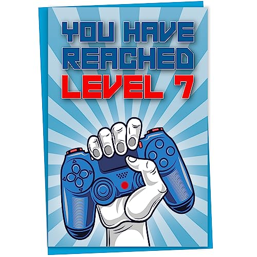 Geburtstagskarte zum 7. Geburtstag, You Have Reached Level 7, Grußkarte für siebenjährige Gamer Jungen oder Mädchen, Geburtstagsgeschenk für Gaming Sohn oder Tochter, Enkelsohn Enkelin, Blau von Mug Monster