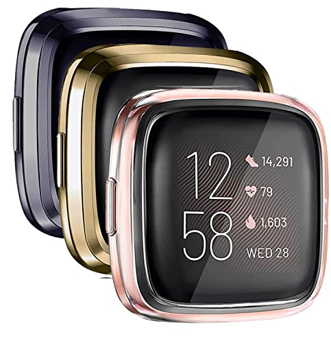 [3er-Pack] Mugust Displayschutzfolie kompatibel mit Fitbit Versa 2 Hülle, TPU beschichtete Rundum-Schutzhülle für Fitbit Versa 2 Smartwatch (weiches Gold, Space Gray, Clear) von Mugust