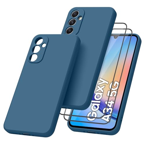 Mugust 【1 Hülle + 2 Stück Panzerfolie für Samsung Galaxy A34 5G Hülle, Vollschutz Flüssigsilikonhülle 360 Grad Schutzhülle für Samsung Galaxy A34 5G HandyHülle (Navy blau) von Mugust