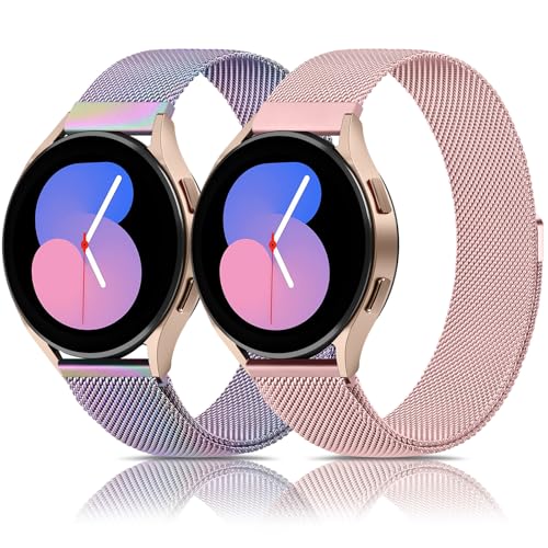Mugust 2 Stück Armband für Samsung Galaxy Watch 4/5/6/7/FE 40mm 44mm, Watch 5 Pro, 4&6 Classic, Active 2, 3 41mm - Metall Mesh Edelstahl Ersatzarmband (Rosa+Bunt) von Mugust