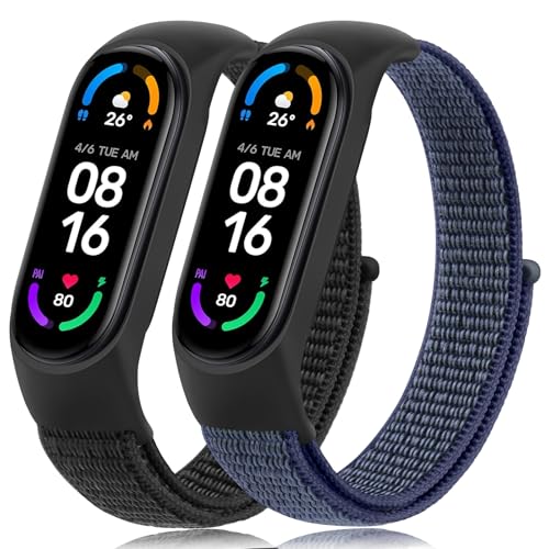 Mugust 2 Stück für Xiaomi Mi Band 7/Mi Band 6/Mi Band 5/Mi Band 4/Mi Band 3 Armband, Verstellbares Dehnbares Nylon Ersatzarmband für Xiaomi Mi Band 3/4/5/6/7 (Schwarz+Mitternachtsblau) von Mugust