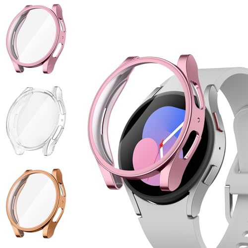 Mugust【3 Stück】 Schutzhülle für Samsung Galaxy Watch 4 40mm Schutzhülle mit Schutzfolie, TPU Ultradünner Vollschutz Gehäuse Schutz Hülle für Samsung Watch 5 40mm (Transparent+Rosa+Roségold) von Mugust