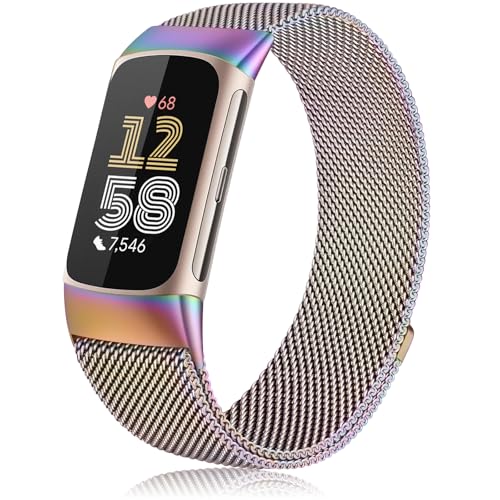 Mugust Armband für Fitbit Charge 6 für Damen Herren, Edelstahl Mesh Metall Ersatzarmband für Fitbit Charge 6 Armband (Bunt) von Mugust
