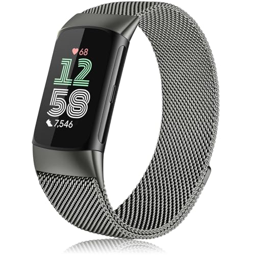 Mugust Armband für Fitbit Charge 6 für Damen Herren, Edelstahl Mesh Metall Ersatzarmband für Fitbit Charge 6 Armband (Grau) von Mugust