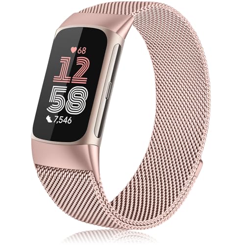Mugust Armband für Fitbit Charge 6 für Damen Herren, Edelstahl Mesh Metall Ersatzarmband für Fitbit Charge 6 Armband (Rosa) von Mugust
