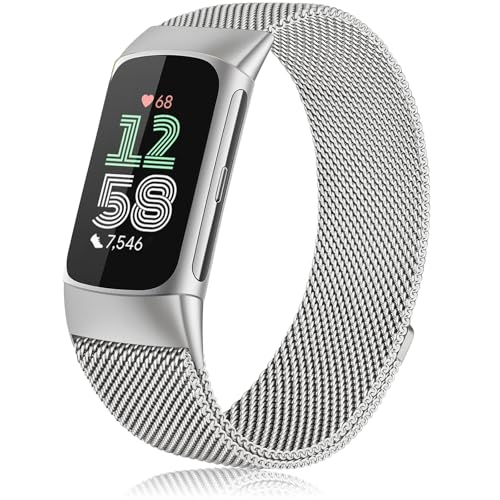 Mugust Armband für Fitbit Charge 6 für Damen Herren, Edelstahl Mesh Metall Ersatzarmband für Fitbit Charge 6 Armband (Silber1) von Mugust