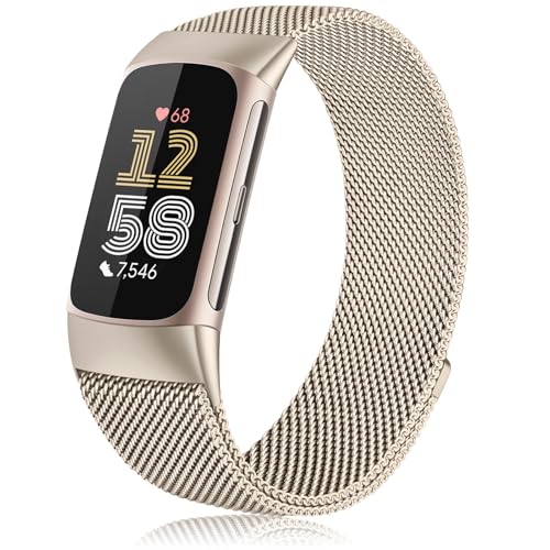 Mugust Armband für Fitbit Charge 6 für Damen Herren, Edelstahl Mesh Metall Ersatzarmband für Fitbit Charge 6 Armband (Vintage gold) von Mugust