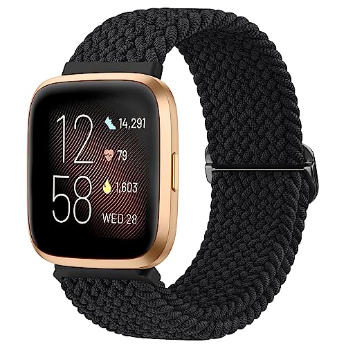 Mugust Armband für Fitbit Versa 2 Armband für Damen Herren, Weiches Verstellbares Geflochtenes Ersatzarmband, Elastisches Nylon Armband für Fitbit Versa/Versa Lite/Versa SE Armband (Schwarz) von Mugust