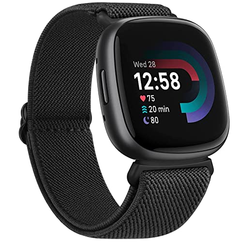 Mugust Armband für Fitbit Versa 3/4/Sense/Sense 2, Sport Nylon Ersatzarmband, Schwarz, Weiches Elastisch, Verstellbare Schnalle, 130mm-210mm, Unisex, Modern, Casual von Mugust