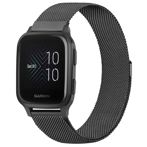 Mugust Armband für Garmin Venu/Venu 2 Plus/Venu Sq/Venu Sq 2 Music Armband für Damen Herren, Edelstahl Mesh Metall Ersatzarmband für Garmin Venu Sq 2 (Schwarz) von Mugust