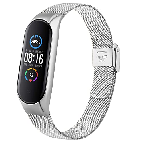 Mugust Armband für Xiaomi Mi Band 5/ Xiaomi Mi Band 6 Armband, Edelstahl Mesh Metall Ersatzarmband für Amazfit Band 5/ Xiaomi Mi Band 6 (Silber) von Mugust