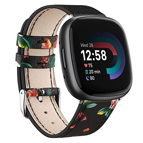Mugust Lederarmband für Fitbit Versa 3 Armband/Fitbit Versa 4 Armband/Fitbit Sense Armband/Fitbit Sense 2 Lederarmband für Damen Herren (Rote Blume) von Mugust