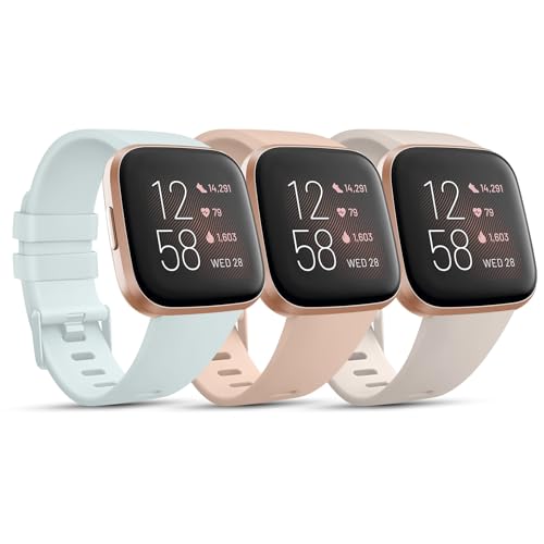 Mugust für Fitbit Versa 2 Armband Damen Herren, Weiches Sport Ersatz Armband Kompatibel mit Fitbit Versa 2/Fitbit Versa/Fitbit Versa Lite (S, Hellgrün+Aprikosenrosa+Sternenlicht) von Mugust