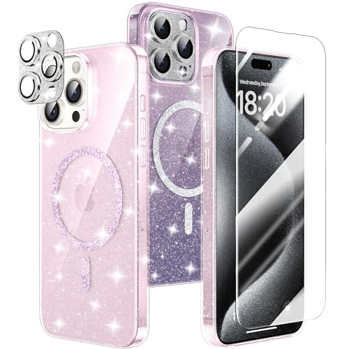 Muigi für iPhone 15 Pro Max Hülle, kompatibel mit MagSafe, [Panzer Schutz Glas] Case Rundumschutz Schutzhülle Cover [1 Handyhülle+2 Schutzfolie+1 Kameraschutz] Glitter Pink Case von Muigi