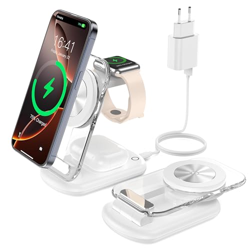 Mag Safe Ladestation, 3 in 1 Mag Safe Ladegerät, faltbar einstellbar Winkel mit Atmosphärenlicht, Kompatibel mit Telefon IWatch/Airpods, für iWatch iPhone 16/15/14/13, Weiss Mag Safe Ladestation, 3 in 1 Mag Safe Ladegerät, faltbar einstellbar Winkel mit Atmosphärenlicht, Kompatibel mit Telefon IWatch/Airpods, für iWatch iPhone 16/15/14/13, Weiss von Mukiya
