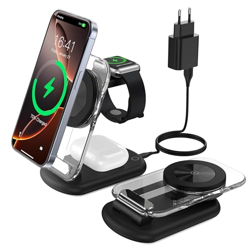 Mag Safe Ladestation, 3 in 1 Mag Safe Ladegerät, faltbar einstellbar Winkel mit Atmosphärenlicht, Kompatibel mit Telefon iWatch/Airpods, für iWatch iPhone 16/15/14/13, Schwarz Mag Safe Ladestation, 3 in 1 Mag Safe Ladegerät, faltbar einstellbar Winkel mit Atmosphärenlicht, Kompatibel mit Telefon iWatch/Airpods, für iWatch iPhone 16/15/14/13, Schwarz von Mukiya