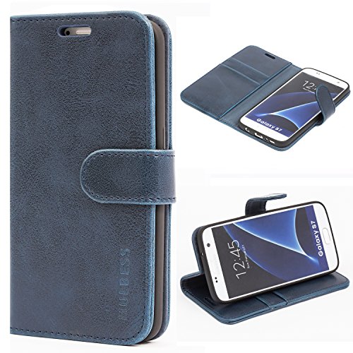 Mulbess Handy-Hülle für Samsung Galaxy S7 Schutzhülle, Magnet Handyhülle Leder, Flip Wallet Cover, Kartensteckplatz, Vintage Dunkel Blau von Mulbess