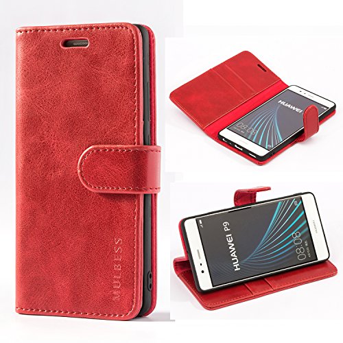 Mulbess Handyhülle für Huawei P9 Hülle Leder, Huawei P9 Handy Hülle, Vintage Flip Handytasche Schutzhülle für Huawei P9 Case, Wein Rot von Mulbess