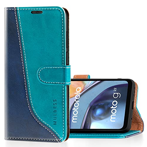 Mulbess Handyhülle für Motorola Moto G22 Hülle Leder, Magnet Klapphülle, Lederhülle mit Kartenfach, Flip Case Etui Handytasche Schutzhülle, Stilvoll Mint Blau von Mulbess