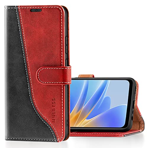 Mulbess für Oppo A17 Hülle, Handyülle Leder mit Kartenfach, Klapphülle mit Magnetverschluss, Flip Case Etui Handytasche Schutzhülle, Stilvoll Wein Rot von Mulbess