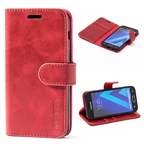 Mulbess Handyhülle für Samsung Galaxy A3 2017 Hülle, Leder Flip Case Schutzhülle für Samsung Galaxy A3 2017 Tasche, Wein Rot von Mulbess