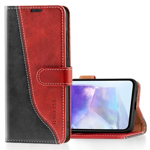 Mulbess Handyhülle für Samsung Galaxy A55 5G Hülle Leder, Magnet Klapphülle, Lederhülle mit Kartenfach, Flip Case Etui Handytasche Schutzhülle, Stilvoll Wein Rot von Mulbess