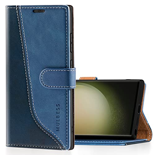 Mulbess Handyhülle für Samsung Galaxy S23 Ultra 5G Hülle Leder, Magnet Klapphülle, Lederhülle mit Kartenfach, Flip Case Etui Handytasche Schutzhülle, Stilvoll Diamant Blau von Mulbess