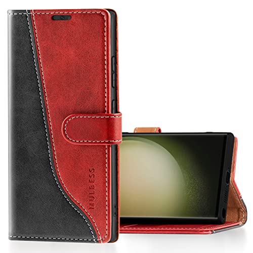 Mulbess Handyhülle für Samsung Galaxy S23 Ultra 5G Hülle Leder, Magnet Klapphülle, Lederhülle mit Kartenfach, Flip Case Etui Handytasche Schutzhülle, Stilvoll Wein Rot von Mulbess