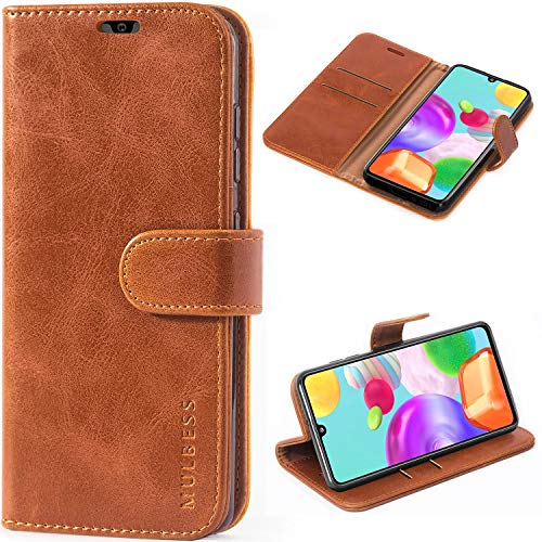 Mulbess Handytasche für Samsung Galaxy A41 Hülle, Ledertasche mit Bookstyle, Standfunktion, Kartenfächern Handyhülle, Vintage Cognac Braun von Mulbess